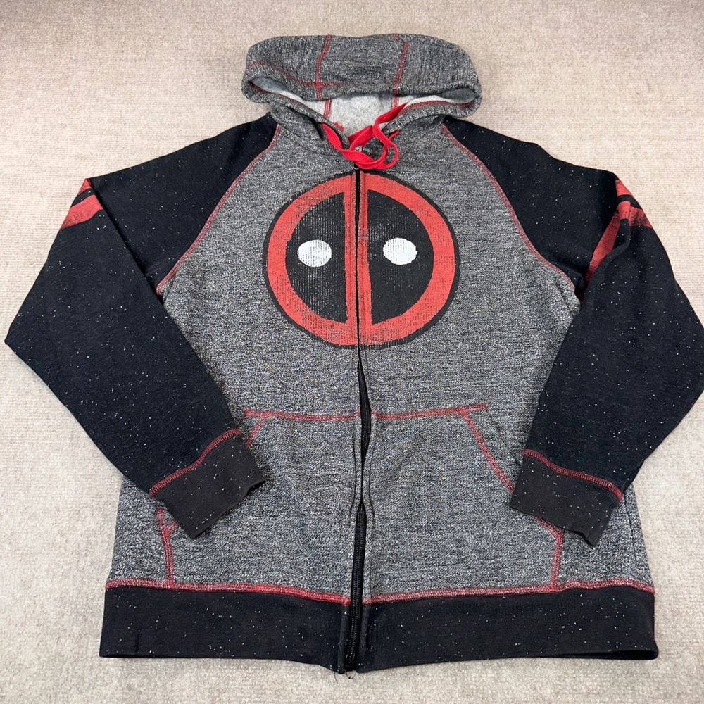 Marvel Deadpool Zip Up Hoodie Mens Medium Gray Black Red Logo Sweatshirt 7290
